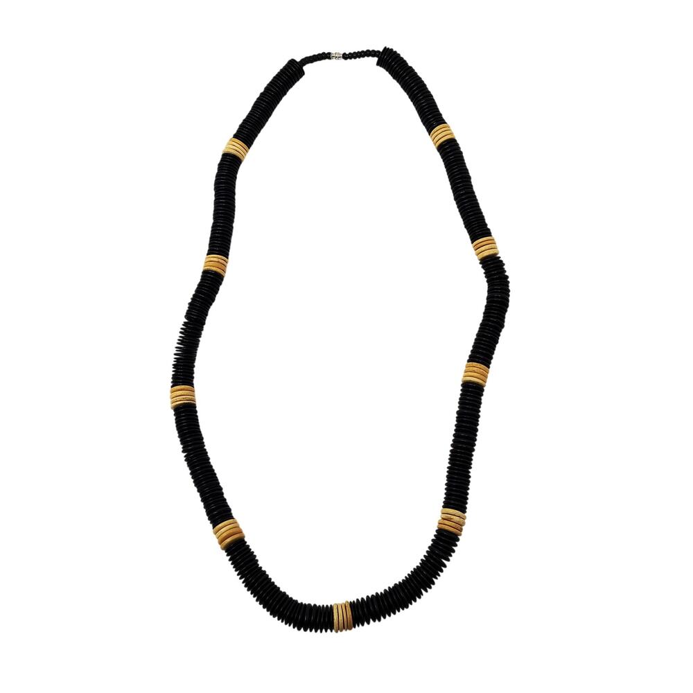 Vintage Necklace Black Tan Coconut Shell Wood Beaded Long Hand Made Statement
